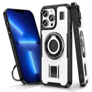 For iPhone 13 Pro Max Ring Holder Carbon Fiber PC Hybrid TPU Phone Case(White)