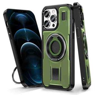 For iPhone 12 / 12 Pro Ring Holder Carbon Fiber PC Hybrid TPU Phone Case(Army Green)