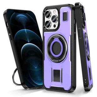 For iPhone 12 / 12 Pro Ring Holder Carbon Fiber PC Hybrid TPU Phone Case(Purple)