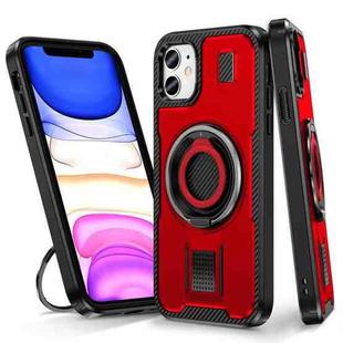 For iPhone 11 Ring Holder Carbon Fiber PC Hybrid TPU Phone Case(Red)