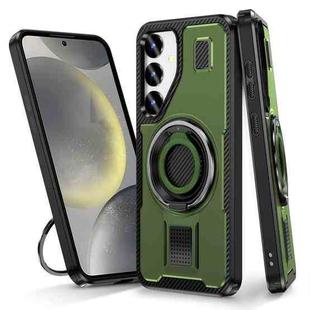 For Samsung Galaxy S24 FE 5G Ring Holder Carbon Fiber PC Hybrid TPU Phone Case(Army Green)