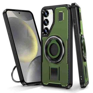 For Samsung Galaxy S23 5G Ring Holder Carbon Fiber PC Hybrid TPU Phone Case(Army Green)