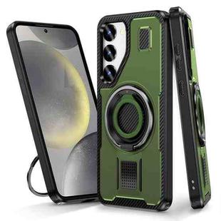 For Samsung Galaxy S23+ 5G Ring Holder Carbon Fiber PC Hybrid TPU Phone Case(Army Green)
