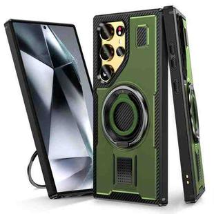 For Samsung Galaxy S24 Ultra 5G Ring Holder Carbon Fiber PC Hybrid TPU Phone Case(Army Green)