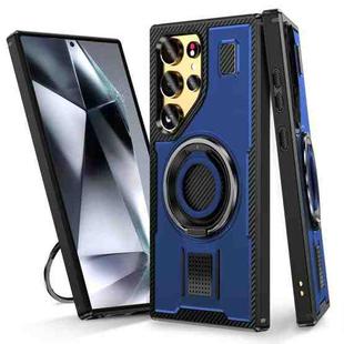 For Samsung Galaxy S22 Ultra 5G Ring Holder Carbon Fiber PC Hybrid TPU Phone Case(Blue)