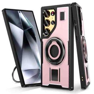 For Samsung Galaxy S22 Ultra 5G Ring Holder Carbon Fiber PC Hybrid TPU Phone Case(Rose Gold)