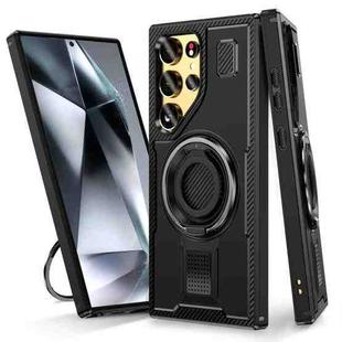 For Samsung Galaxy S25 Ultra 5G Ring Holder Carbon Fiber PC Hybrid TPU Phone Case(Black)
