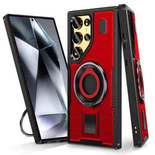 For Samsung Galaxy S25 Ultra 5G Ring Holder Carbon Fiber PC Hybrid TPU Phone Case(Red)