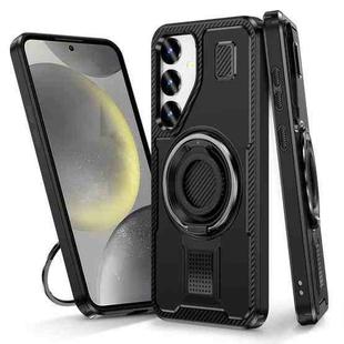 For Samsung Galaxy S25 5G Ring Holder Carbon Fiber PC Hybrid TPU Phone Case(Black)