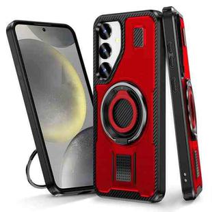 For Samsung Galaxy S25 5G Ring Holder Carbon Fiber PC Hybrid TPU Phone Case(Red)