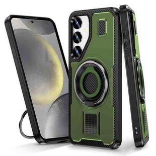 For Samsung Galaxy S25+ 5G Ring Holder Carbon Fiber PC Hybrid TPU Phone Case(Army Green)