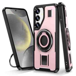 For Samsung Galaxy S25+ 5G Ring Holder Carbon Fiber PC Hybrid TPU Phone Case(Rose Gold)