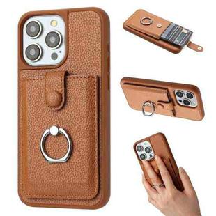 For iPhone 16 Pro Max Litchi Texture Drawing Card Bag Ring Holder Phone Case(Brown)