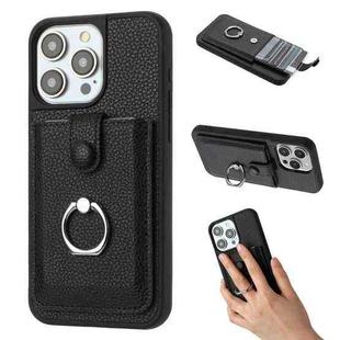 For iPhone 16 Pro Max Litchi Texture Drawing Card Bag Ring Holder Phone Case(Black)