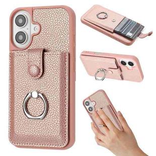 For iPhone 16 Litchi Texture Drawing Card Bag Ring Holder Phone Case(Rose Gold)