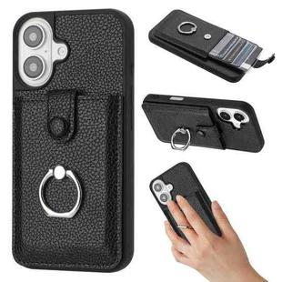 For iPhone 16 Litchi Texture Drawing Card Bag Ring Holder Phone Case(Black)