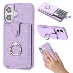 For iPhone 16 Litchi Texture Drawing Card Bag Ring Holder Phone Case(Purple)