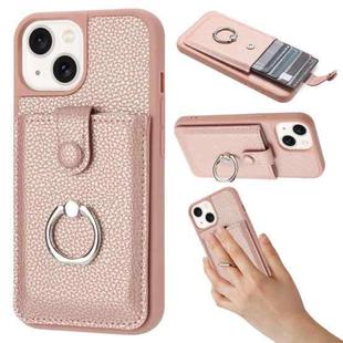 For iPhone 14 / 13 Litchi Texture Drawing Card Bag Ring Holder Phone Case(Rose Gold)