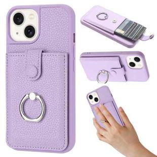 For iPhone 14 / 13 Litchi Texture Drawing Card Bag Ring Holder Phone Case(Purple)