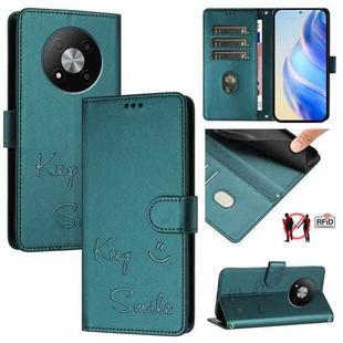 For ZTE Blade A73 5G Smile Embossing RFID Leather Phone Case(Peacock Green)