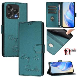 For ZTE Blade V70 Design Smile Embossing RFID Leather Phone Case(Peacock Green)