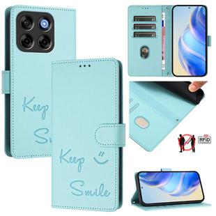 For ZTE Blade V70 Smile Embossing RFID Leather Phone Case(Mint Green)