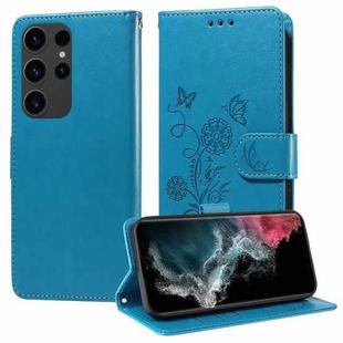 For Samsung Galaxy S22 Ultra 5G Embossed Butterfly Flowers Leather Phone Case(Blue)