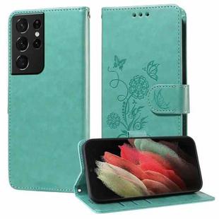 For Samsung Galaxy S21 Ultra 5G Embossed Butterfly Flowers Leather Phone Case(Green)