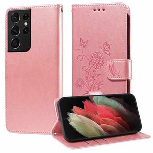 For Samsung Galaxy S21 Ultra 5G Embossed Butterfly Flowers Leather Phone Case(Rose Gold)