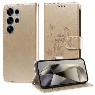 For Samsung Galaxy S25 Ultra 5G Embossed Butterfly Flowers Leather Phone Case(Gold)