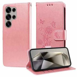 For Samsung Galaxy S25 Ultra 5G Embossed Butterfly Flowers Leather Phone Case(Rose Gold)