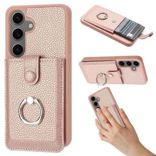 For Samsung Galaxy S24 5G Litchi Texture Drawing Card Bag Ring Holder Phone Case(Rose Gold)