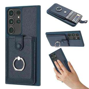 For Samsung Galaxy S23 Ultra 5G Litchi Texture Drawing Card Bag Ring Holder Phone Case(Blue)