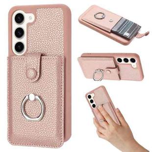 For Samsung Galaxy S23 5G Litchi Texture Drawing Card Bag Ring Holder Phone Case(Rose Gold)