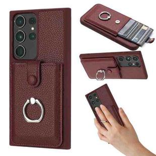 For Samsung Galaxy S22 Ultra 5G Litchi Texture Drawing Card Bag Ring Holder Phone Case(Wine Red)