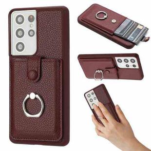 For Samsung Galaxy S21 Ultra 5G Litchi Texture Drawing Card Bag Ring Holder Phone Case(Wine Red)