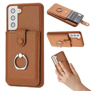 For Samsung Galaxy S21 5G Litchi Texture Drawing Card Bag Ring Holder Phone Case(Brown)