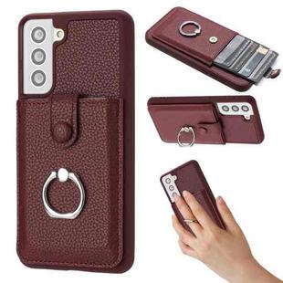 For Samsung Galaxy S21 5G Litchi Texture Drawing Card Bag Ring Holder Phone Case(Wine Red)