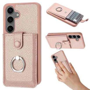 For Samsung Galaxy S25+ 5G Litchi Texture Drawing Card Bag Ring Holder Phone Case(Rose Gold)