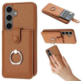 For Samsung Galaxy S25+ 5G Litchi Texture Drawing Card Bag Ring Holder Phone Case(Brown)