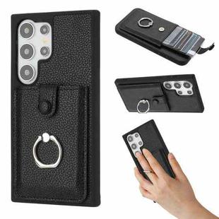 For Samsung Galaxy S25 Ultra 5G Litchi Texture Drawing Card Bag Ring Holder Phone Case(Black)