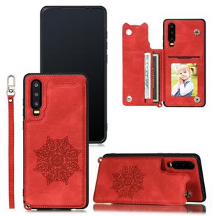 For Huawei P30 Mandala Embossed PU + TPU Case with Holder & Card Slots & Photo Frame & Strap(Red)