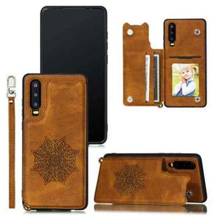 For Huawei P30 Mandala Embossed PU + TPU Case with Holder & Card Slots & Photo Frame & Strap(Brown)
