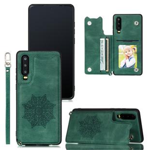 For Huawei P30 Mandala Embossed PU + TPU Case with Holder & Card Slots & Photo Frame & Strap(Green)