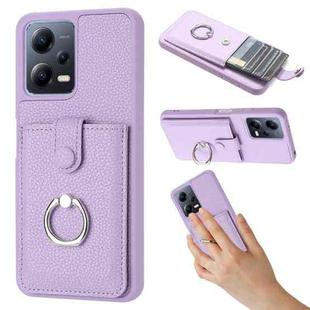 For Redmi Note 12 5G Global Litchi Texture Drawing Card Bag Ring Holder Phone Case(Purple)