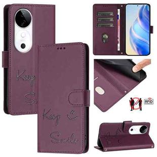 For vivo S19 Smile Embossing RFID Leather Phone Case(Violet)