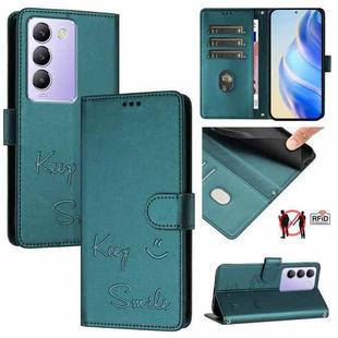 For vivo Y100 5G IDN Smile Embossing RFID Leather Phone Case(Peacock Green)