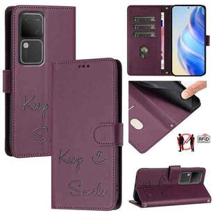 For vivo V30 Pro 5G Global Smile Embossing RFID Leather Phone Case(Violet)