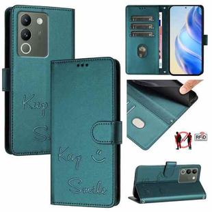 For vivo V29E 5G Global Smile Embossing RFID Leather Phone Case(Peacock Green)