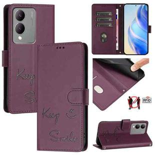 For vivo Y17S 4G Global Smile Embossing RFID Leather Phone Case(Violet)